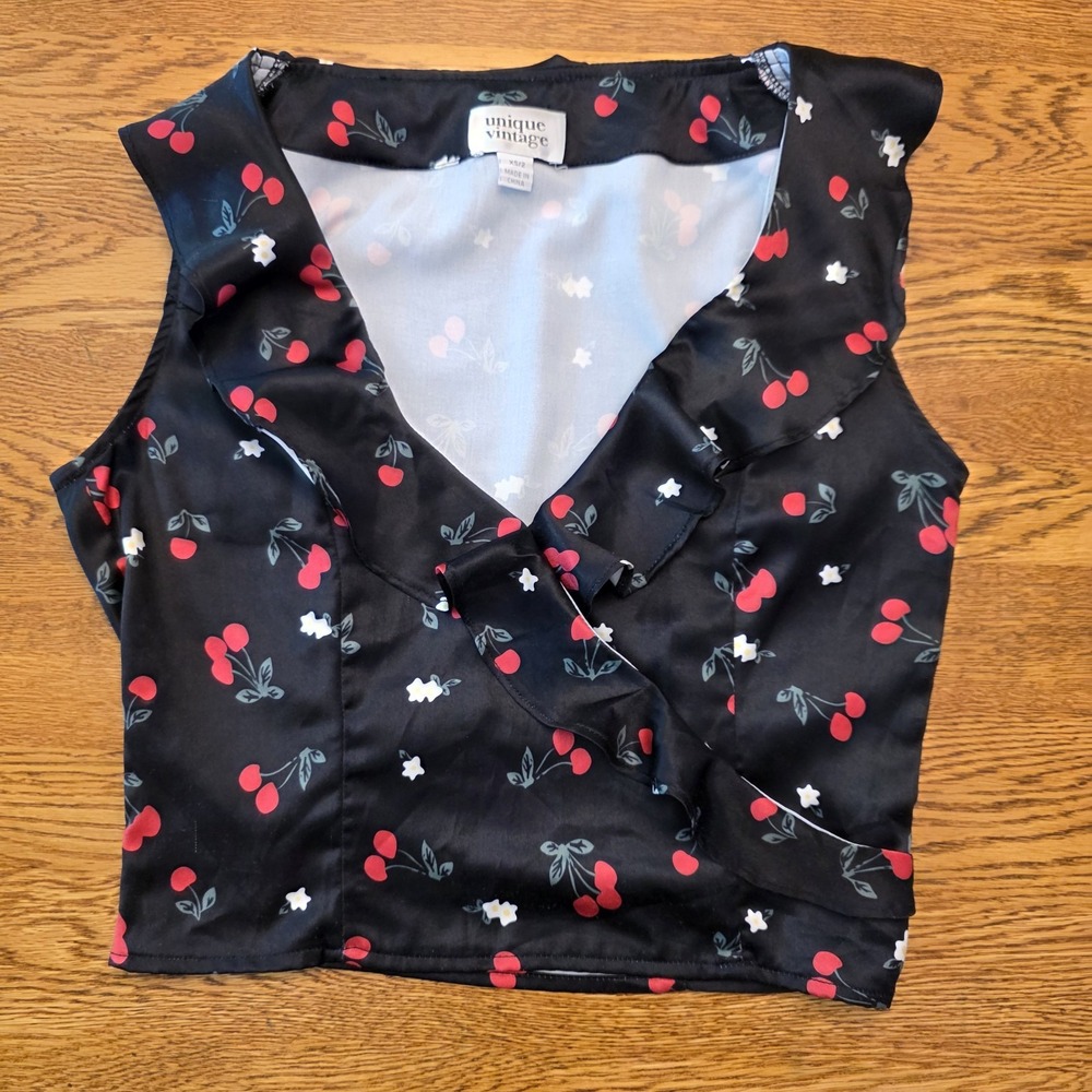 Unique Vintage XS  Ruffle Surplice Sleeveless Wrap‎ Blouse Black White Cherry